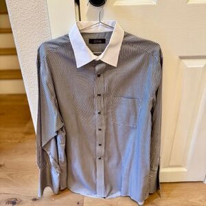 Tasso Elba Men's Long Sleeved Gray & White Striped Shirt